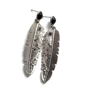 NEW Black Silver Feather Earrings